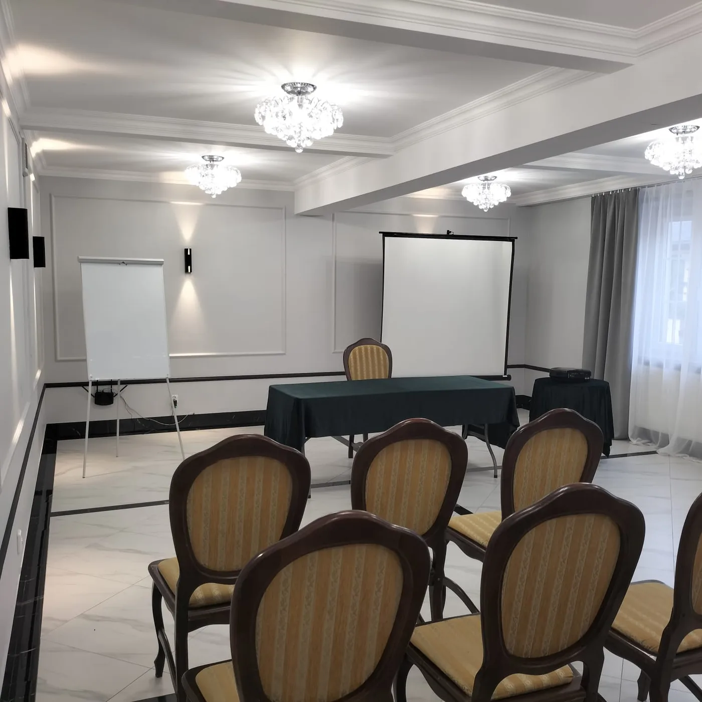 Flipchart i ekran projekcyjny w sali konferencyjnej Dworku Biała Dama